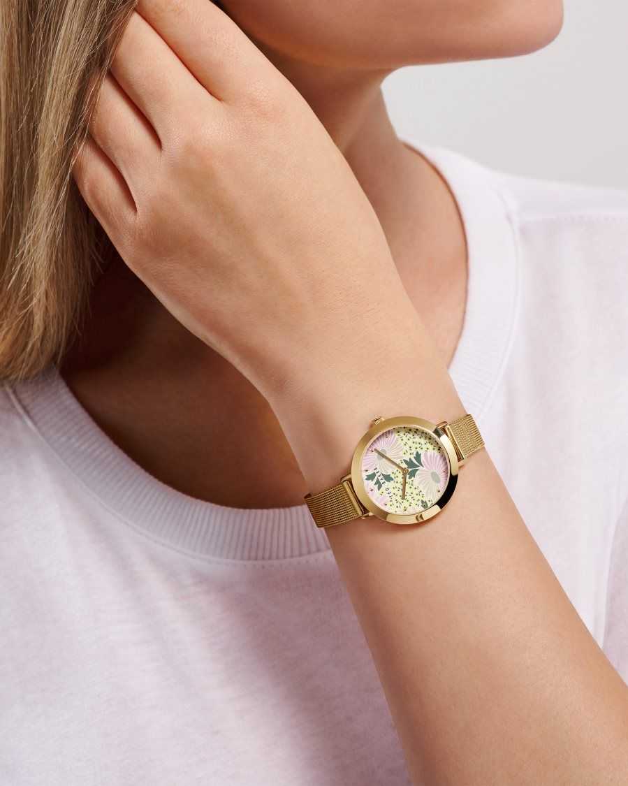 Ted Baker Lesedia Daisy Print Watch With Mesh Band Gold Colour | 0651732-VO