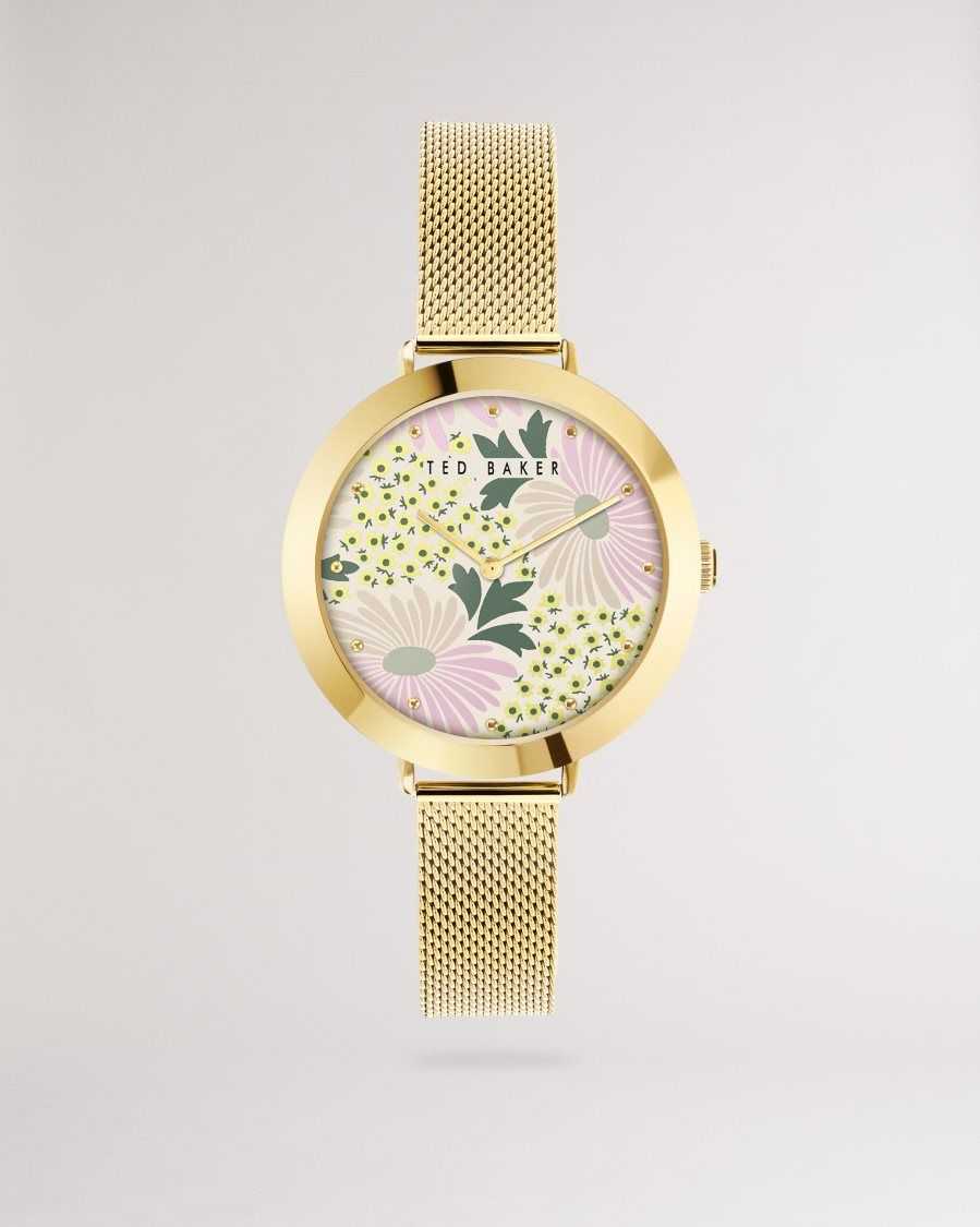 Ted Baker Lesedia Daisy Print Watch With Mesh Band Gold Colour | 0651732-VO