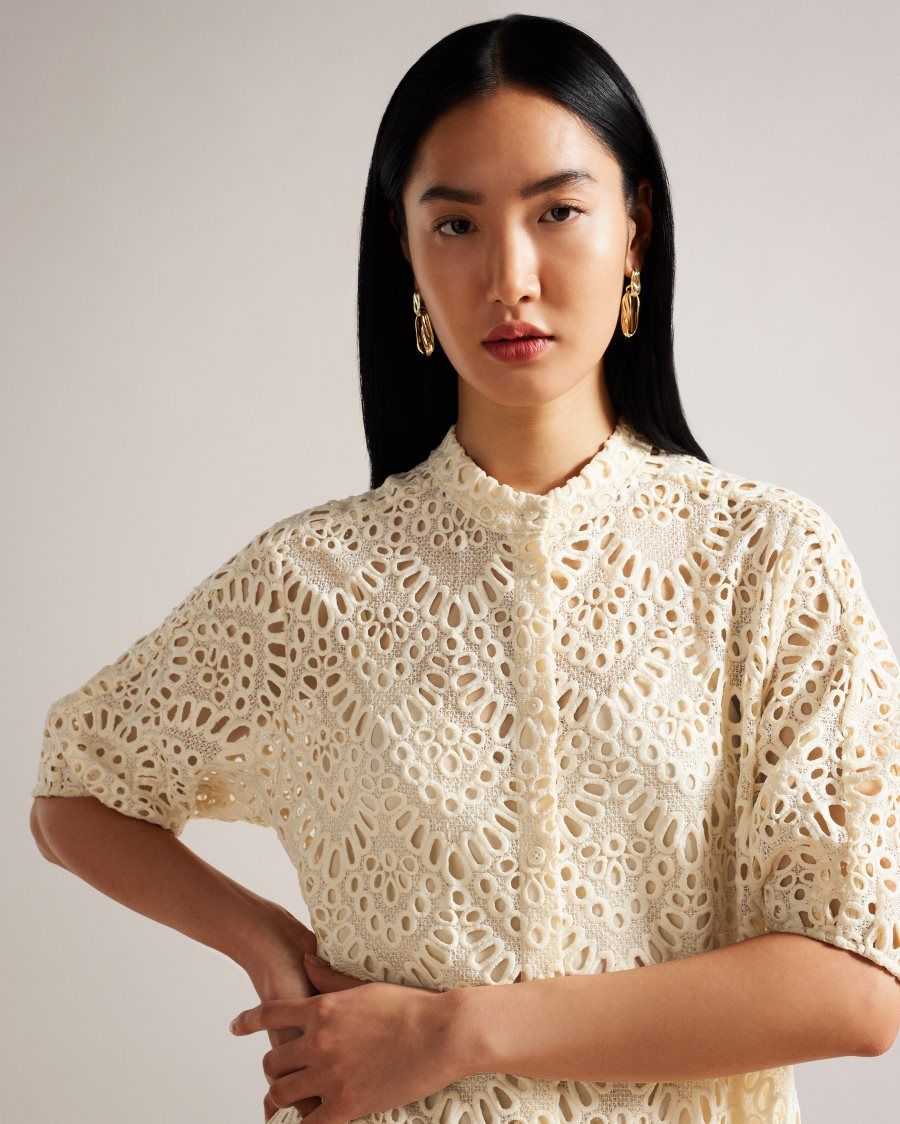 Ted Baker Lezzley Oversized Lace Shirt Dress With Puff Sleeve White | 1425796-HK