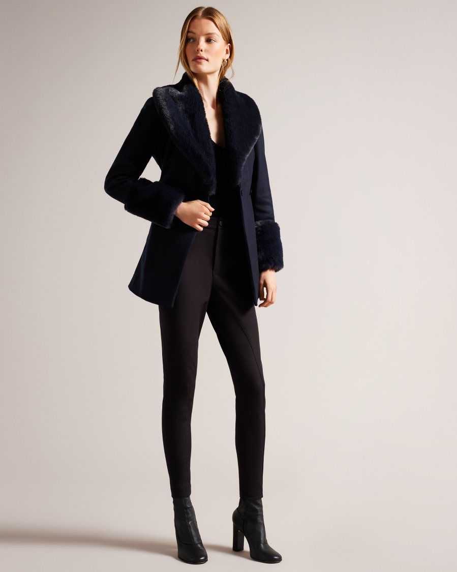 Ted Baker Loleta Belted Coat With Faux Fur Collar and Cuffs Navy | 4928536-KY