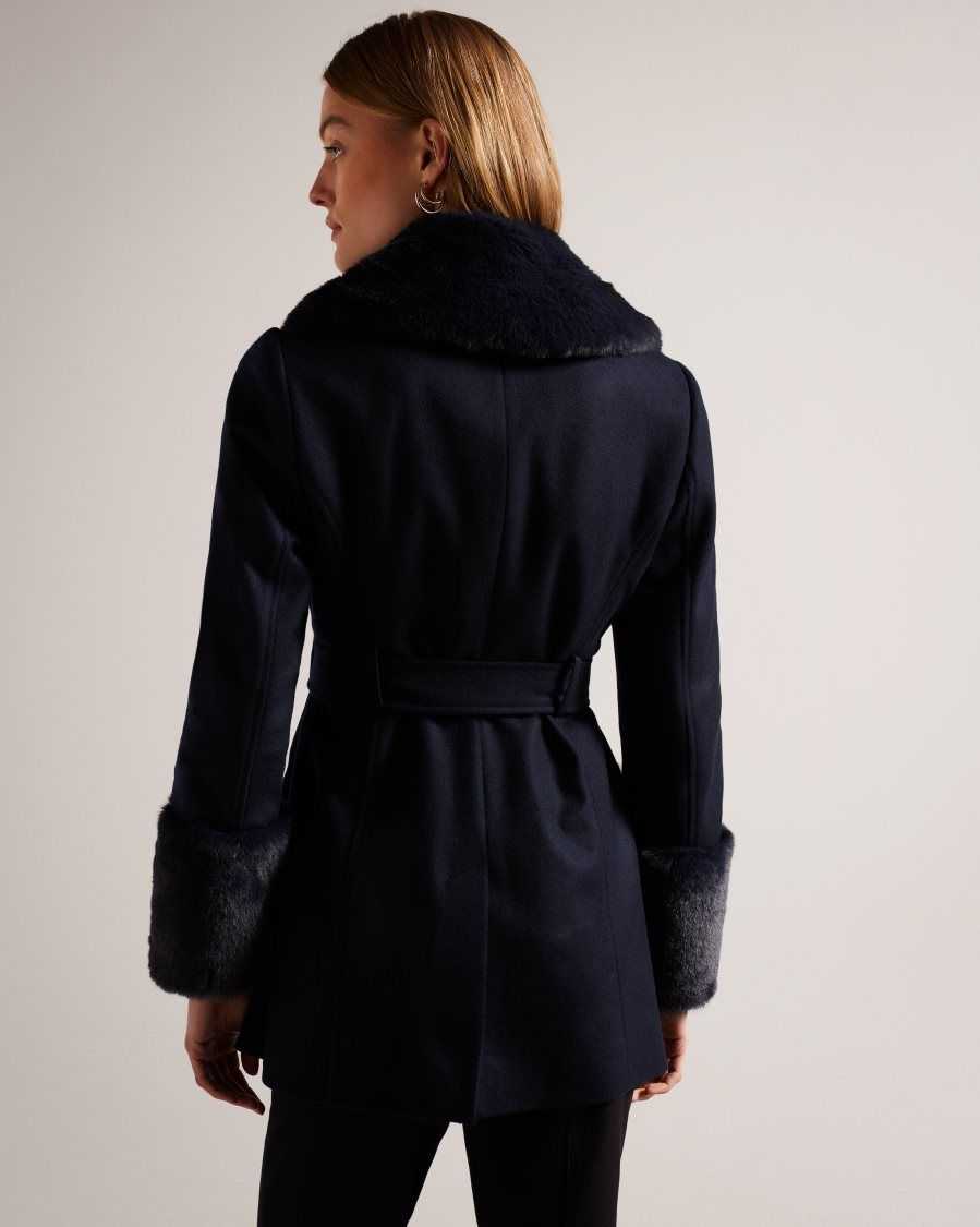 Ted Baker Loleta Belted Coat With Faux Fur Collar and Cuffs Navy | 4928536-KY