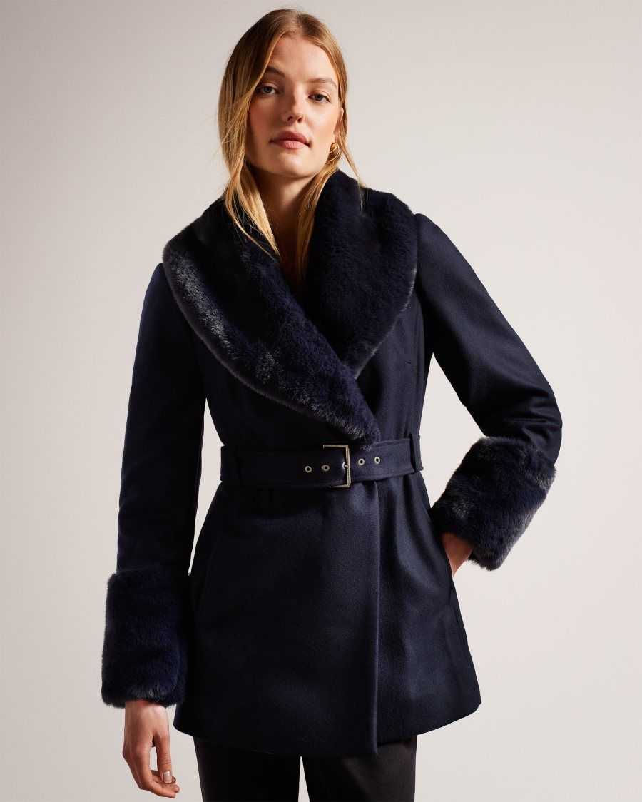 Ted Baker Loleta Belted Coat With Faux Fur Collar and Cuffs Navy | 4928536-KY