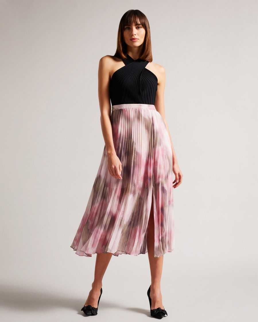 Ted Baker Loulous Midi Dress With Floral Pleated Skirt Coral | 1879256-HB