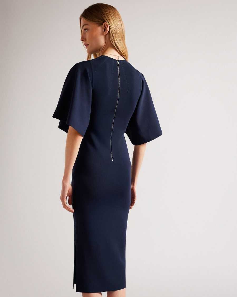 Ted Baker Lounia Fluted Sleeve Knitted Bodycon Midi Dress Dark Blue | 7034152-MF