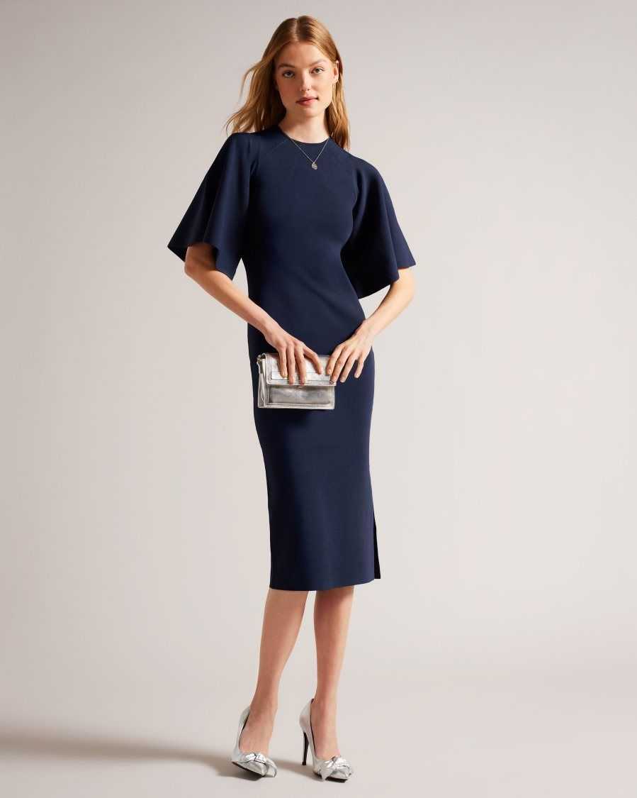 Ted Baker Lounia Fluted Sleeve Knitted Bodycon Midi Dress Dark Blue | 7034152-MF