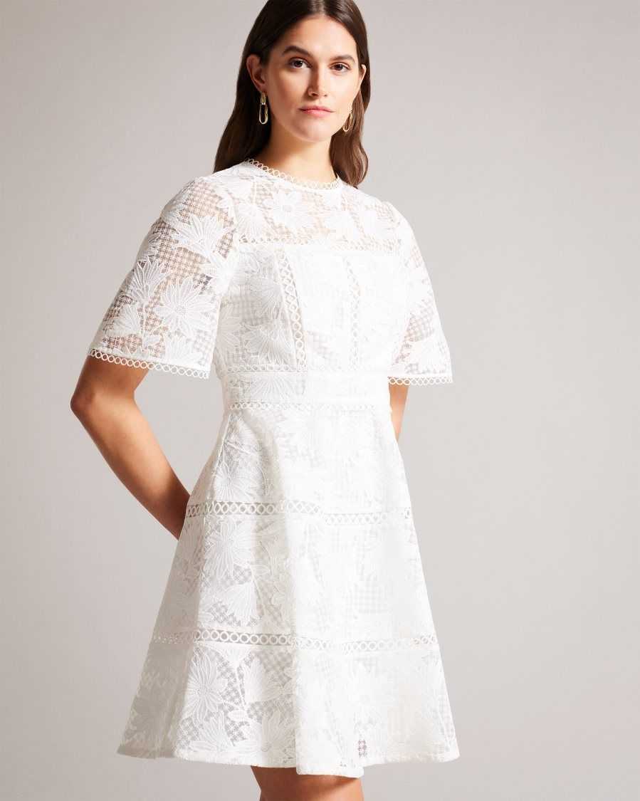 Ted Baker Lydiiha Mini Fit And Flare Lace Dress White | 2501693-PS