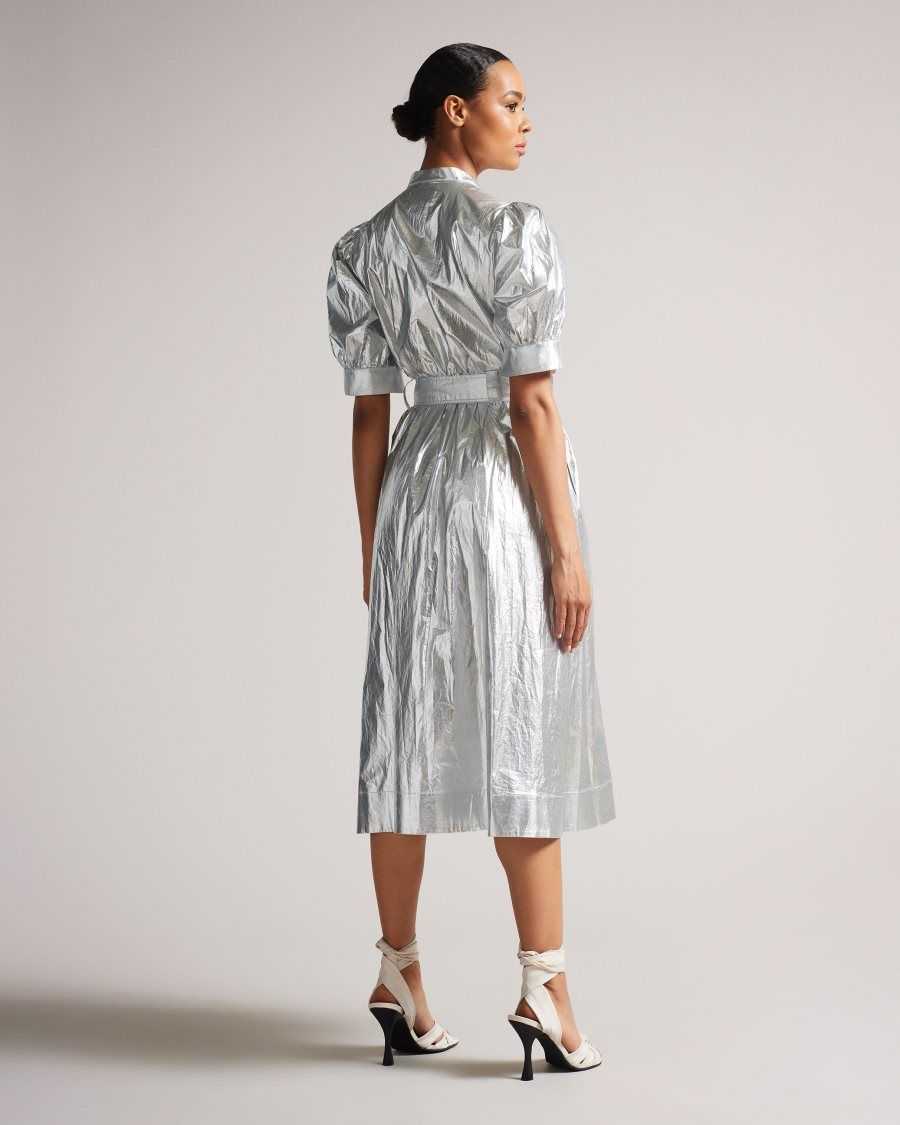 Ted Baker Lygons Metallic Puff Sleeve Midi Dress Silver | 2389045-DS