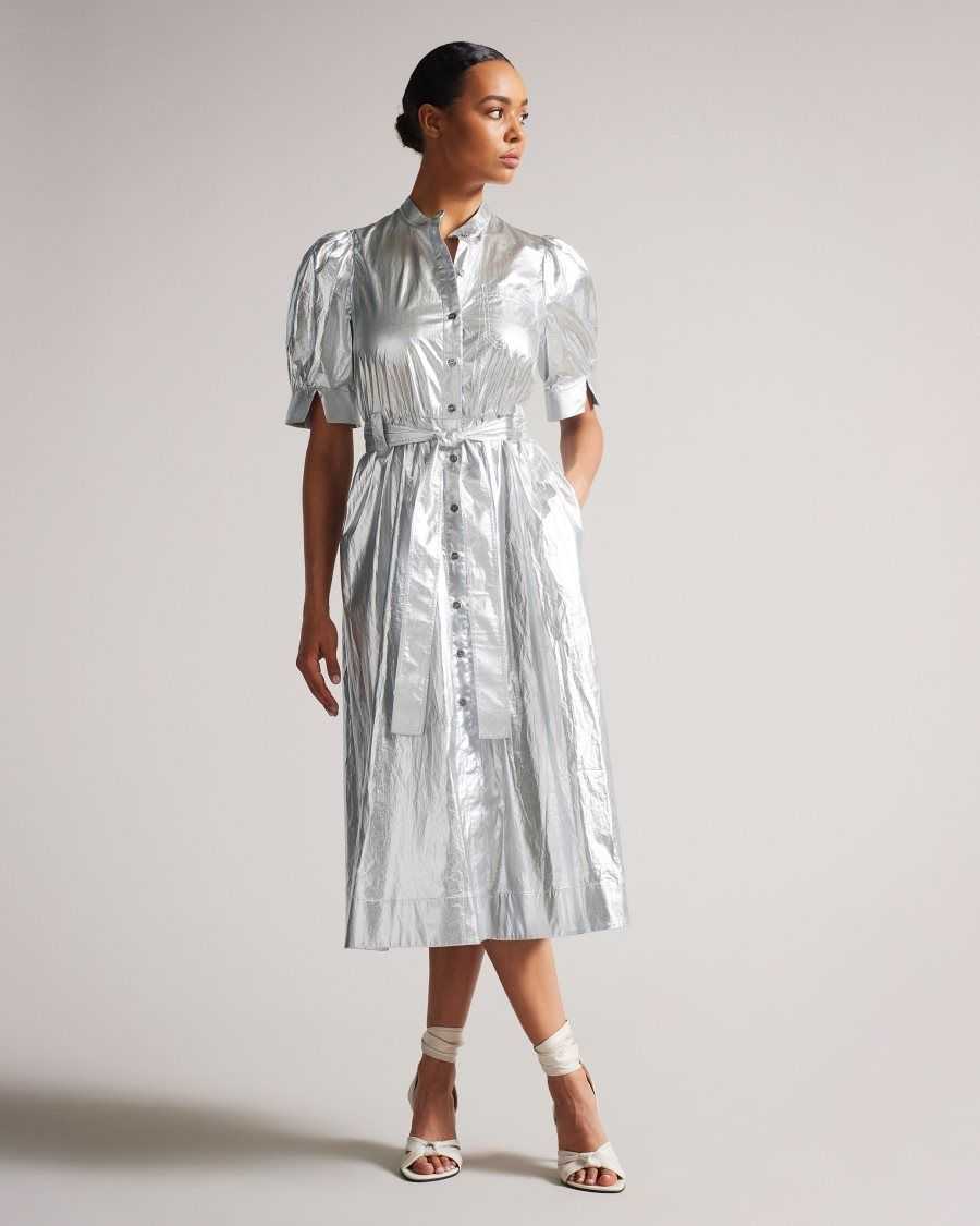 Ted Baker Lygons Metallic Puff Sleeve Midi Dress Silver | 2389045-DS