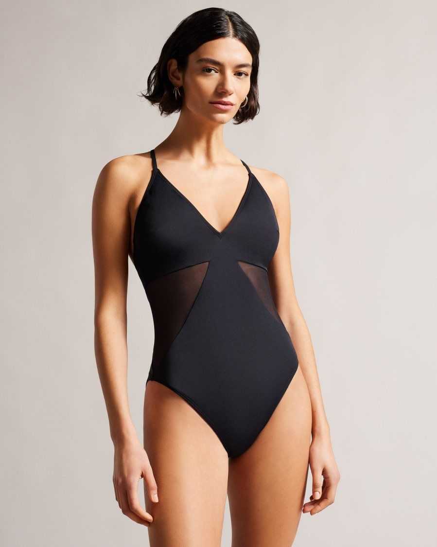 Ted Baker Maabel Strappy Swimsuit With Mesh Panels Black | 4081729-ZW