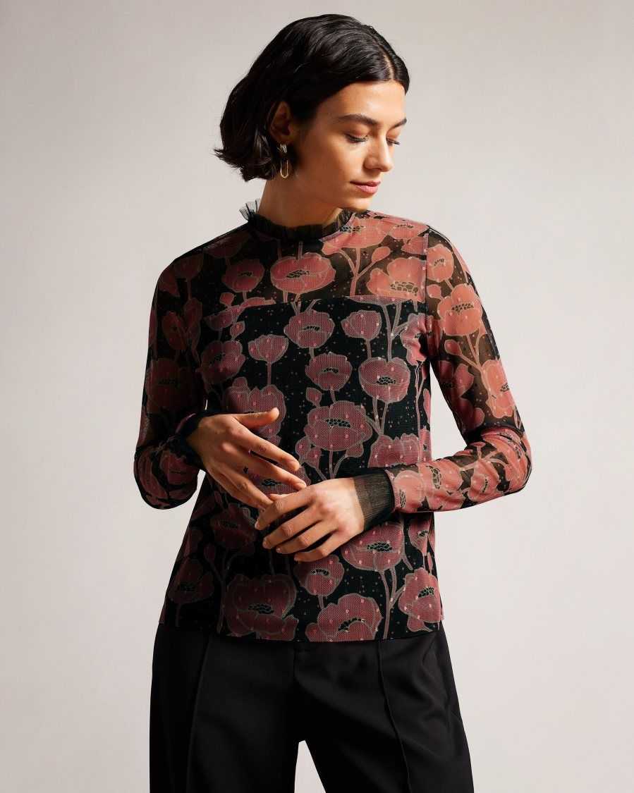 Ted Baker Maggann Long Sleeved Top With Frill Details Black | 0758349-BE