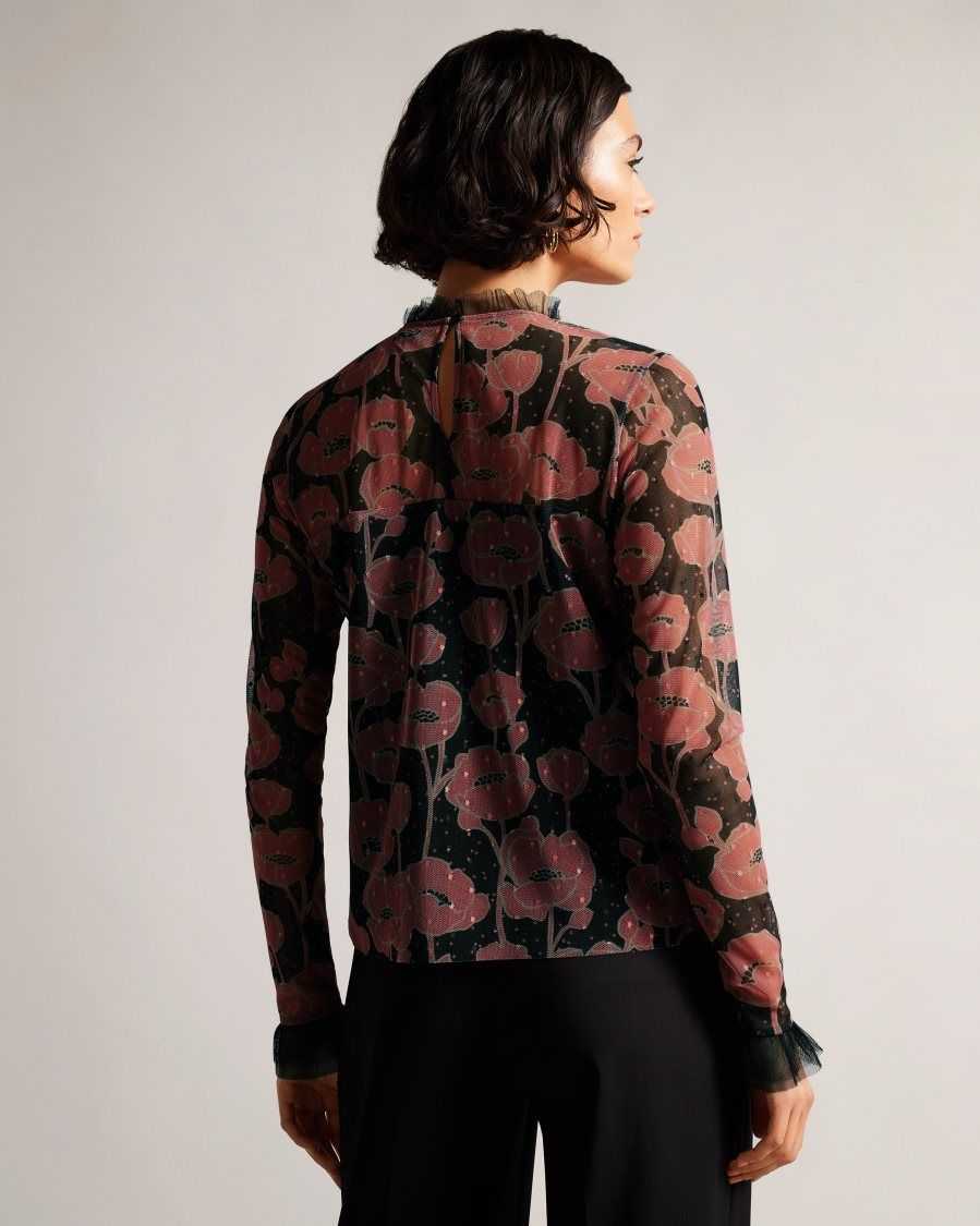 Ted Baker Maggann Long Sleeved Top With Frill Details Black | 0758349-BE