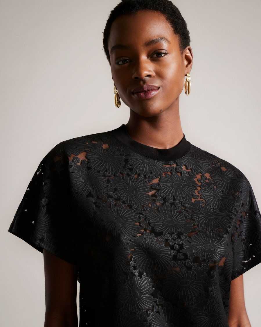 Ted Baker Maralo Floral Lace Relaxed T-Shirt Black | 7591308-MQ