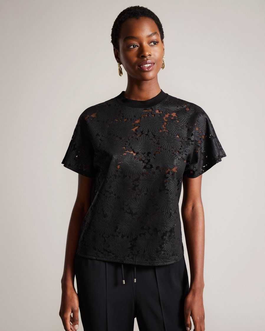 Ted Baker Maralo Floral Lace Relaxed T-Shirt Black | 7591308-MQ