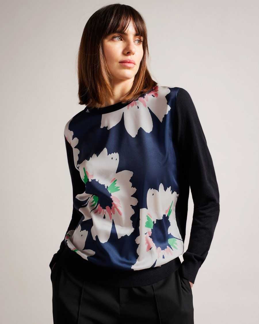 Ted Baker Marola Floral Front Easy Fit Jumper Dark Navy | 2875016-RS