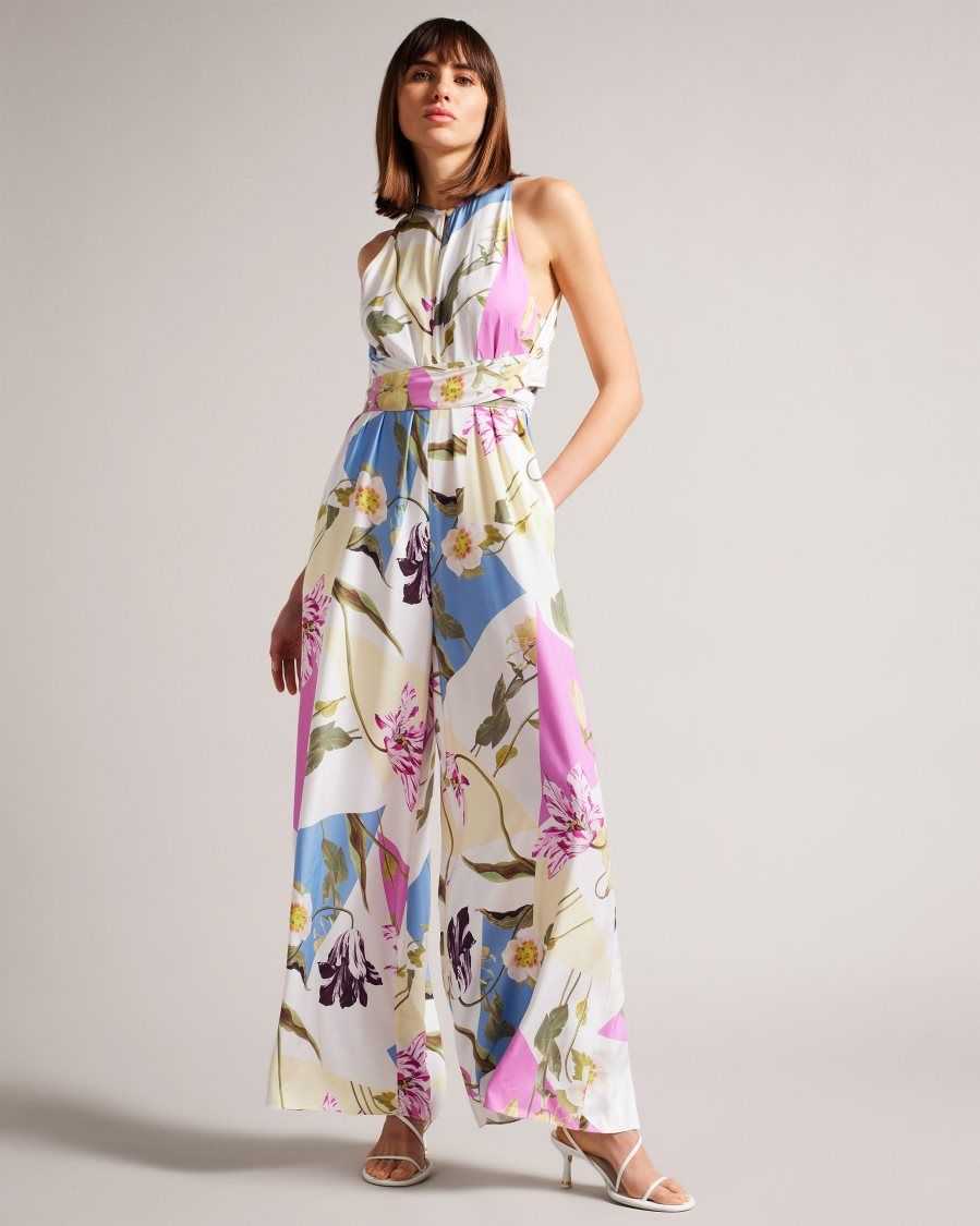 Ted Baker Maudee Floral Print Halter Neck Jumpsuit White | 1259460-XV