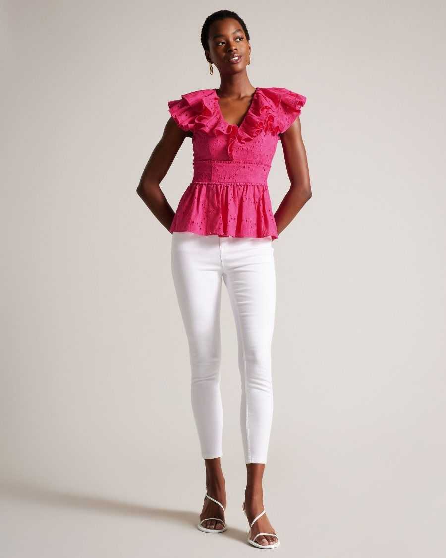 Ted Baker Mazieh Broderie Peplum Top Bright Pink | 8910365-DL