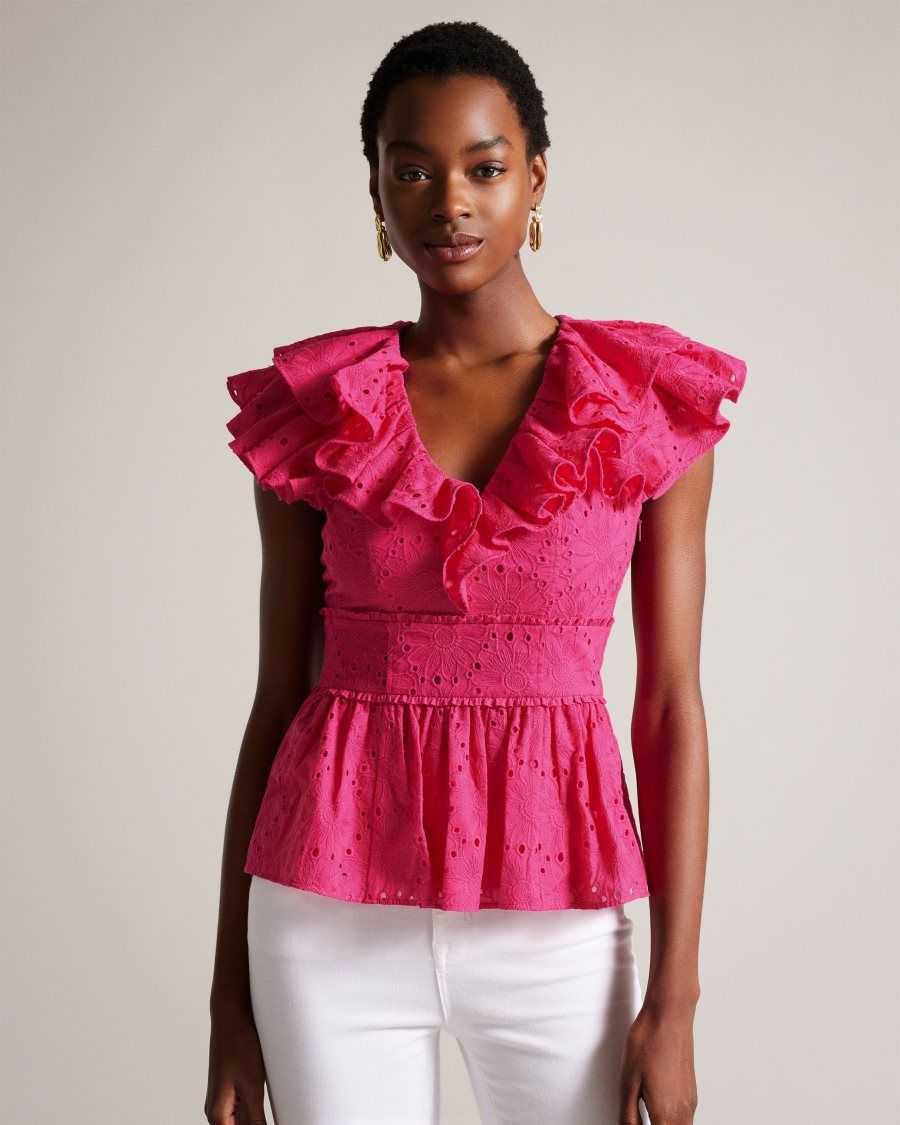 Ted Baker Mazieh Broderie Peplum Top Bright Pink | 8910365-DL