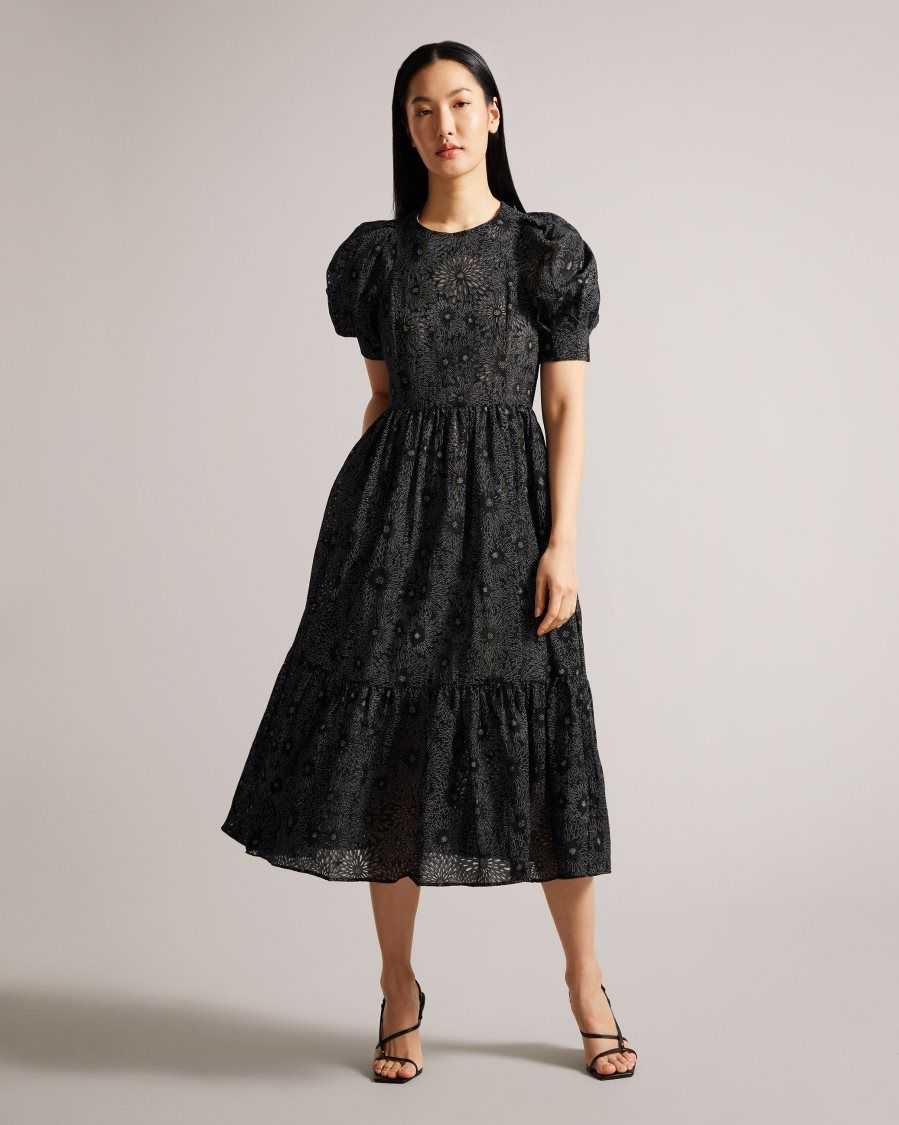 Ted Baker Meganie Puff Sleeve Tiered Maxi Dress Black | 2158946-OE