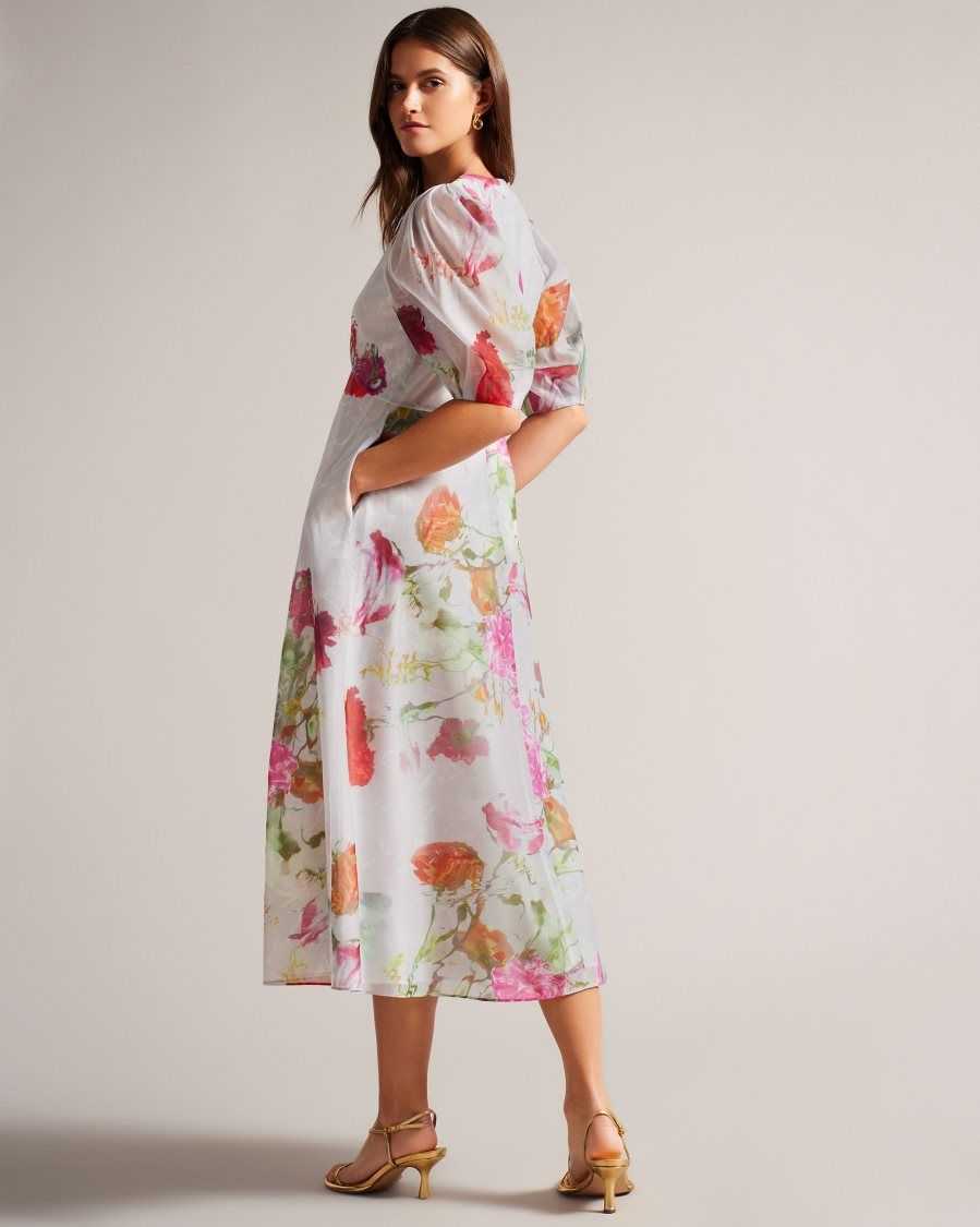 Ted Baker Mekayla Empire Line Midi Dress With Puff Sleeve White | 3976541-EU