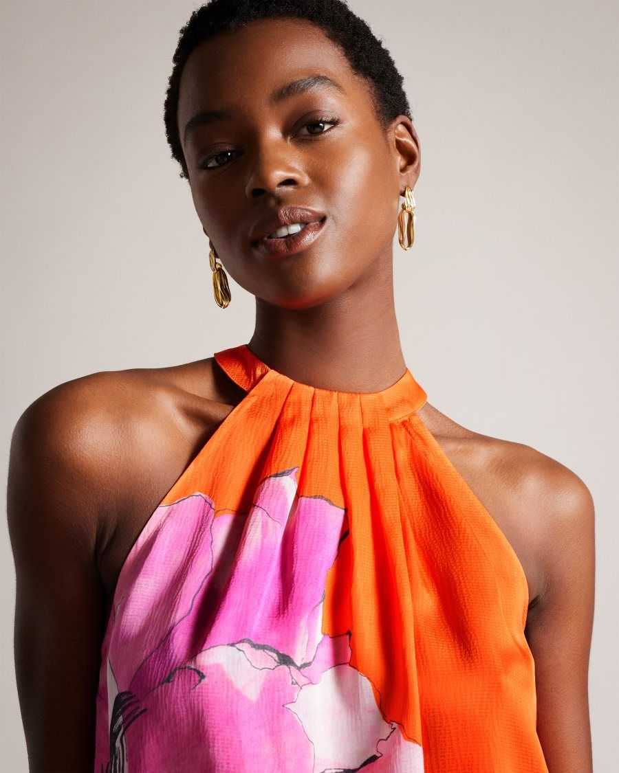 Ted Baker Milenaa Pleated Floral Halter Neck Top Bright Orange | 0569734-GZ