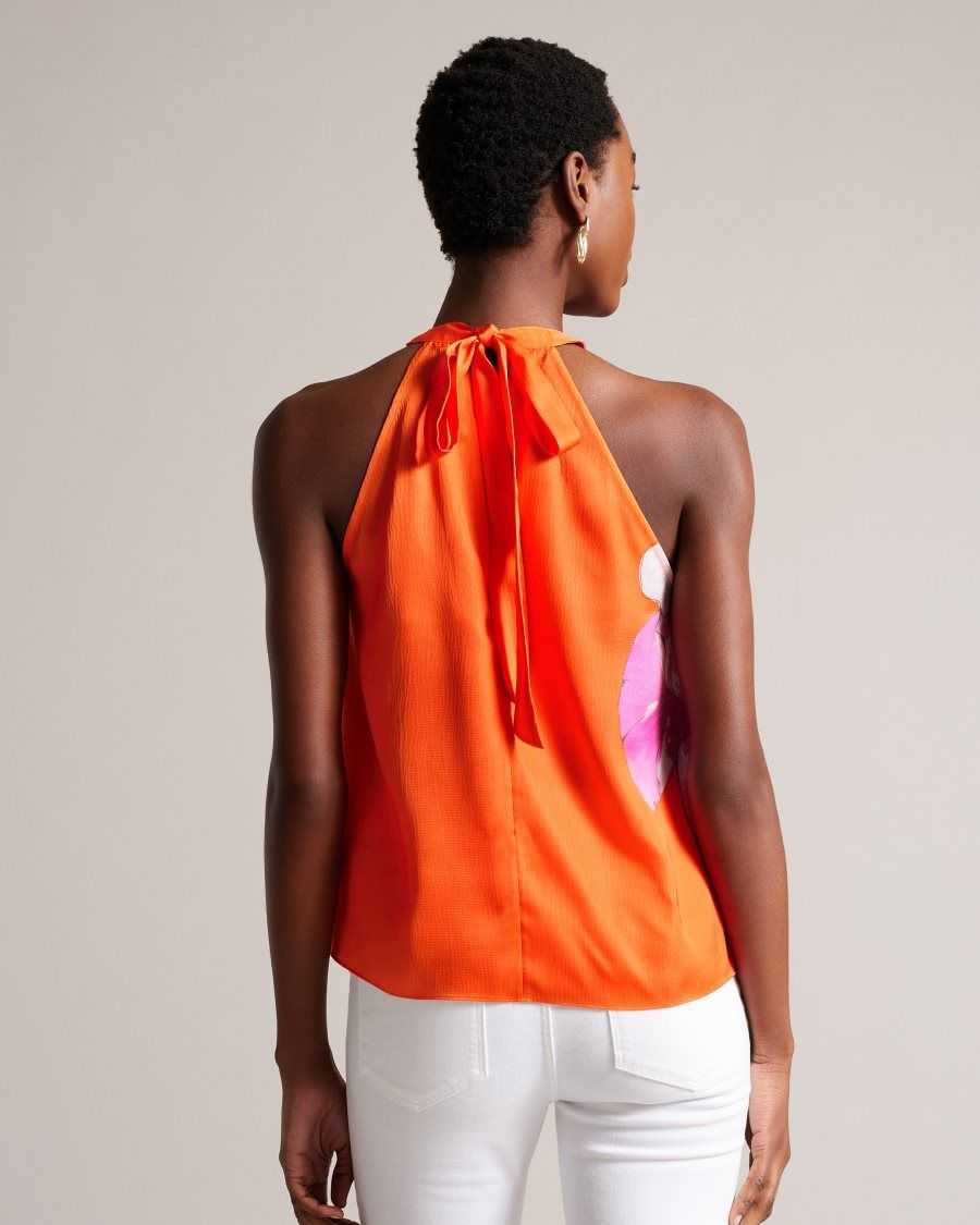 Ted Baker Milenaa Pleated Floral Halter Neck Top Bright Orange | 0569734-GZ