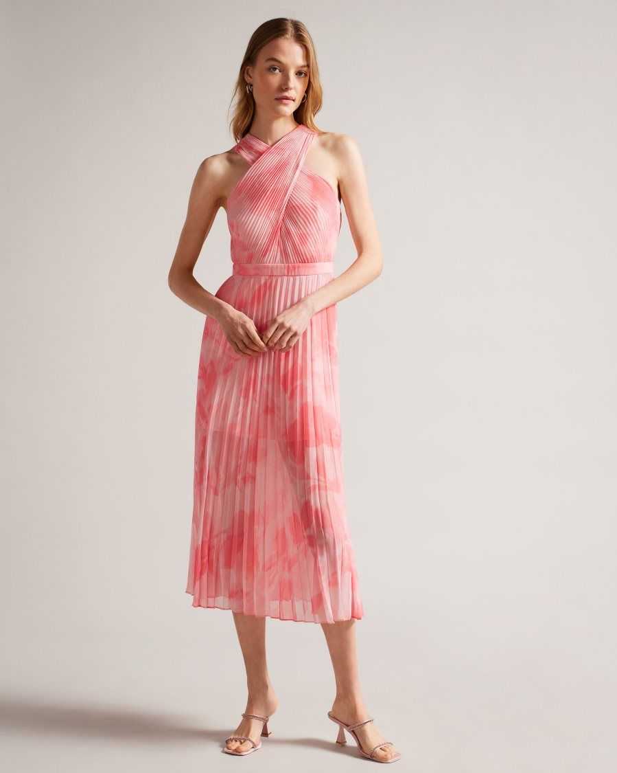 Ted Baker Mirelia Cross Front Pleated Midi Dress Coral | 0465932-TX