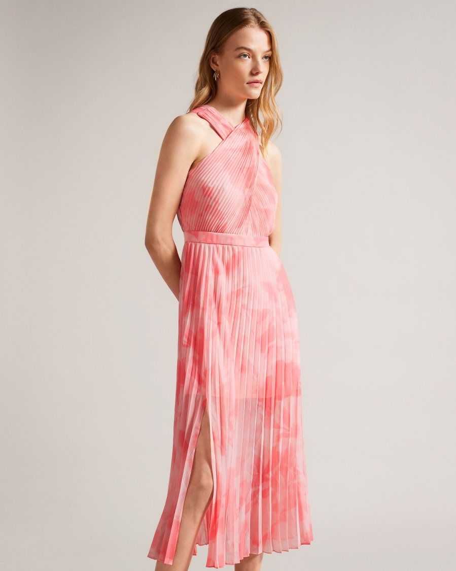 Ted Baker Mirelia Cross Front Pleated Midi Dress Coral | 0465932-TX