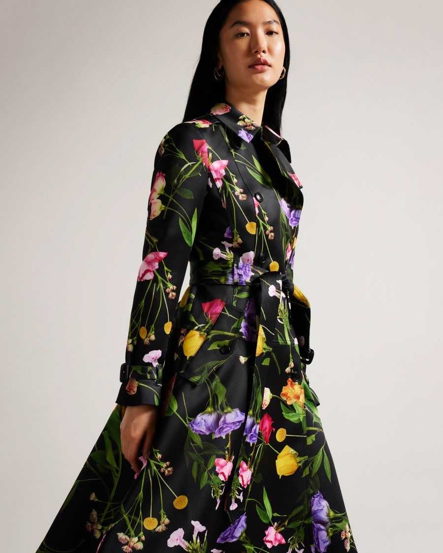 Ted Baker Moiraa Floral Double Breasted Trench Coat Black | 8296714-XI