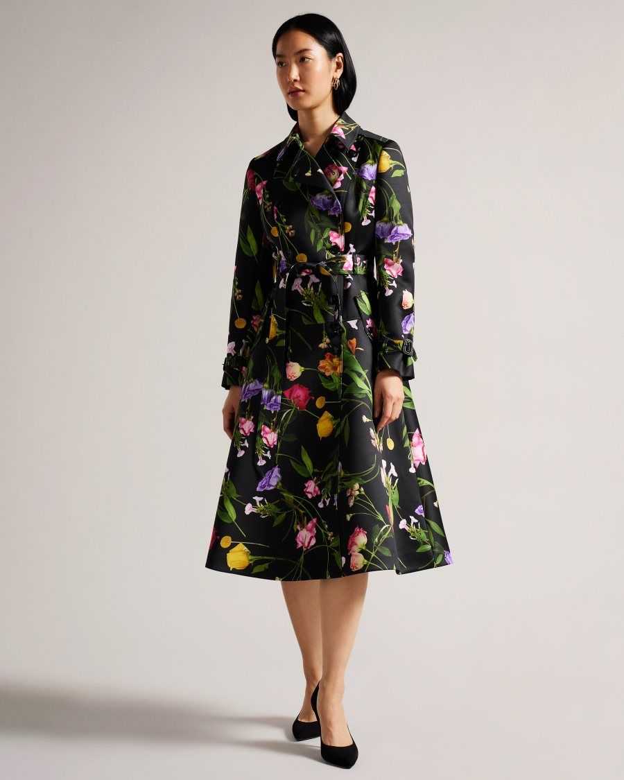 Ted Baker Moiraa Floral Double Breasted Trench Coat Black | 8296714-XI