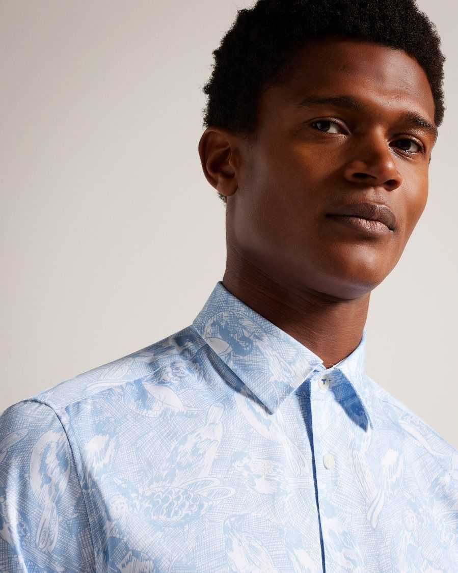 Ted Baker Mullen Long Sleeve Hand Drawn Bird Print Shirt Light Blue | 4126587-BZ