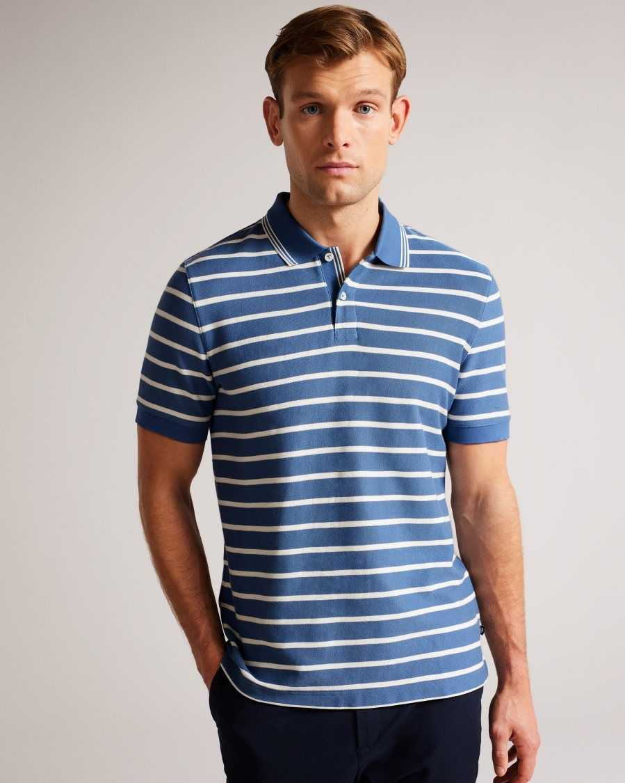 Ted Baker Nivenn Short Sleeve Regular Fit Striped Polo Shirt Dark Blue | 0541967-BC