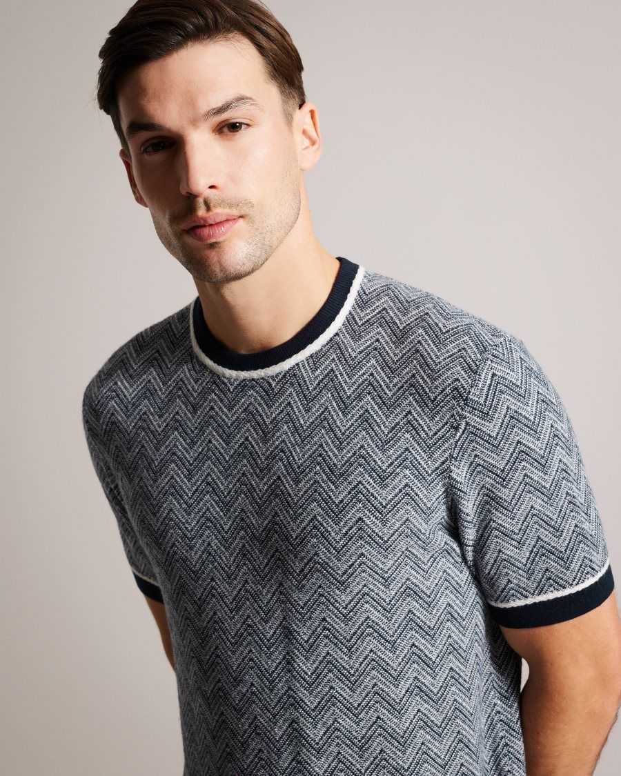 Ted Baker Nudla Zig Zag Knit T-Shirt Navy | 9613084-TZ