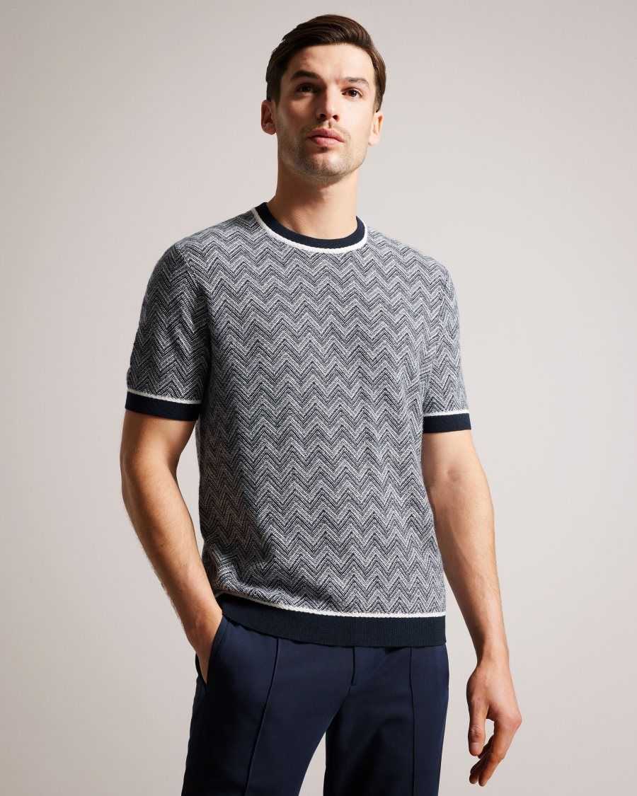 Ted Baker Nudla Zig Zag Knit T-Shirt Navy | 9613084-TZ