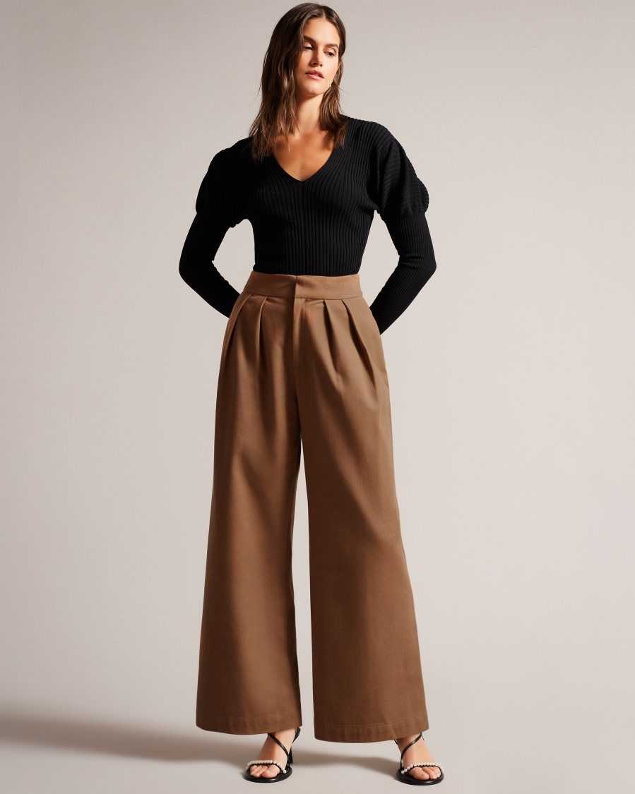 Ted Baker Oaklia Pleated Wide Leg Trousers Tan | 4872351-CL