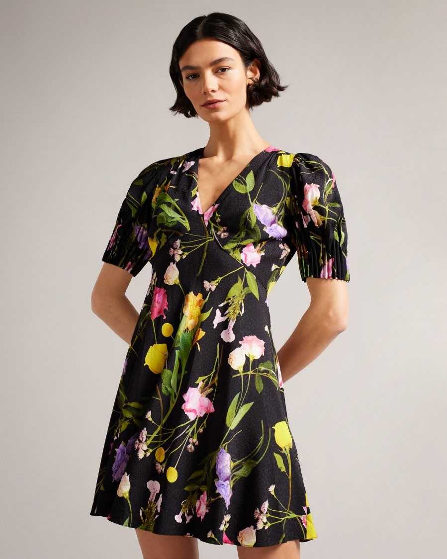 Ted Baker Opallie Mini Puff Sleeve Tea Dress Black | 7850623-LY