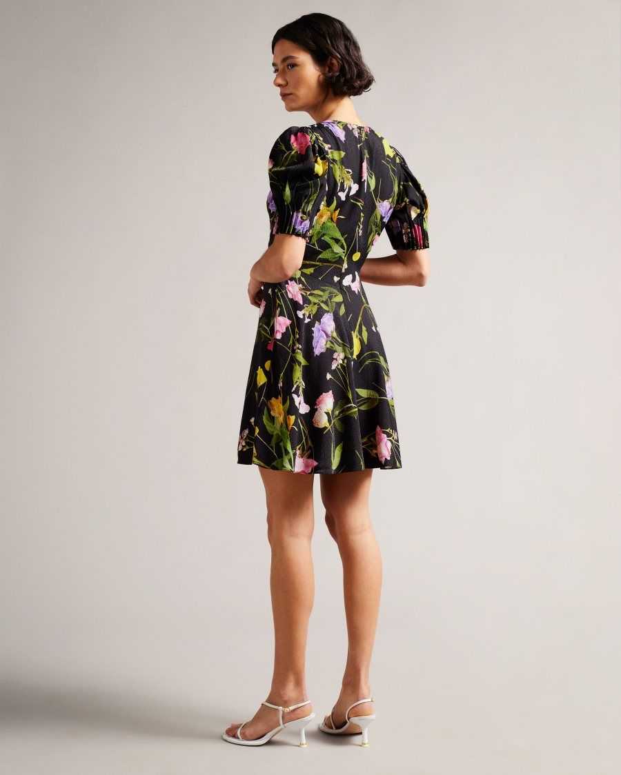 Ted Baker Opallie Mini Puff Sleeve Tea Dress Black | 7850623-LY