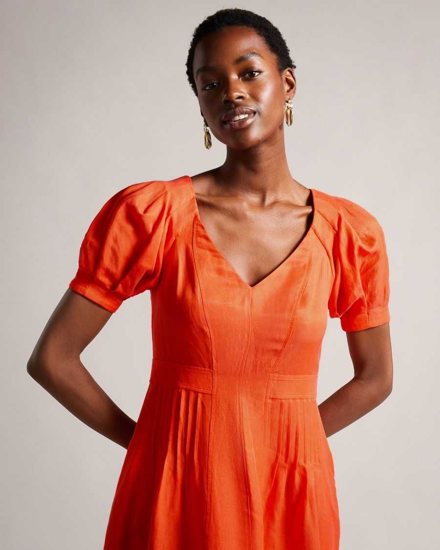 Ted Baker Opalz Fit And Flare Puff Sleeve Midi Dress Bright Orange | 0629745-NU