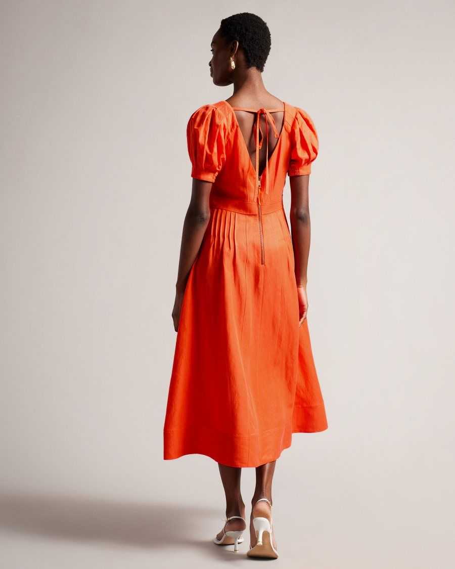 Ted Baker Opalz Fit And Flare Puff Sleeve Midi Dress Bright Orange | 0629745-NU