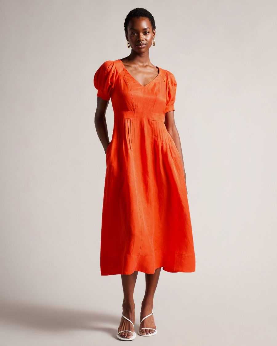 Ted Baker Opalz Fit And Flare Puff Sleeve Midi Dress Bright Orange | 0629745-NU