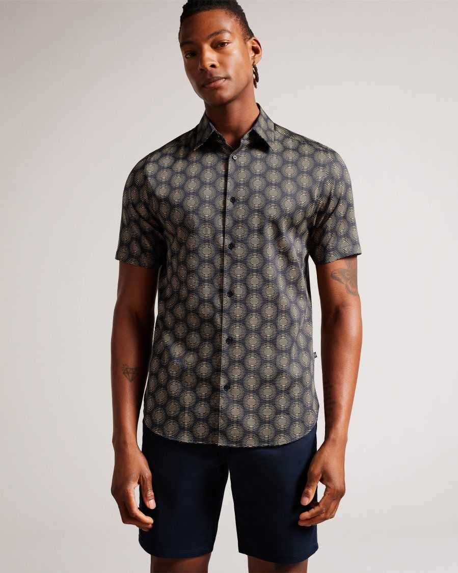 Ted Baker Pearsho Short Sleeve Circle Geometric Shirt Navy | 5263184-GK