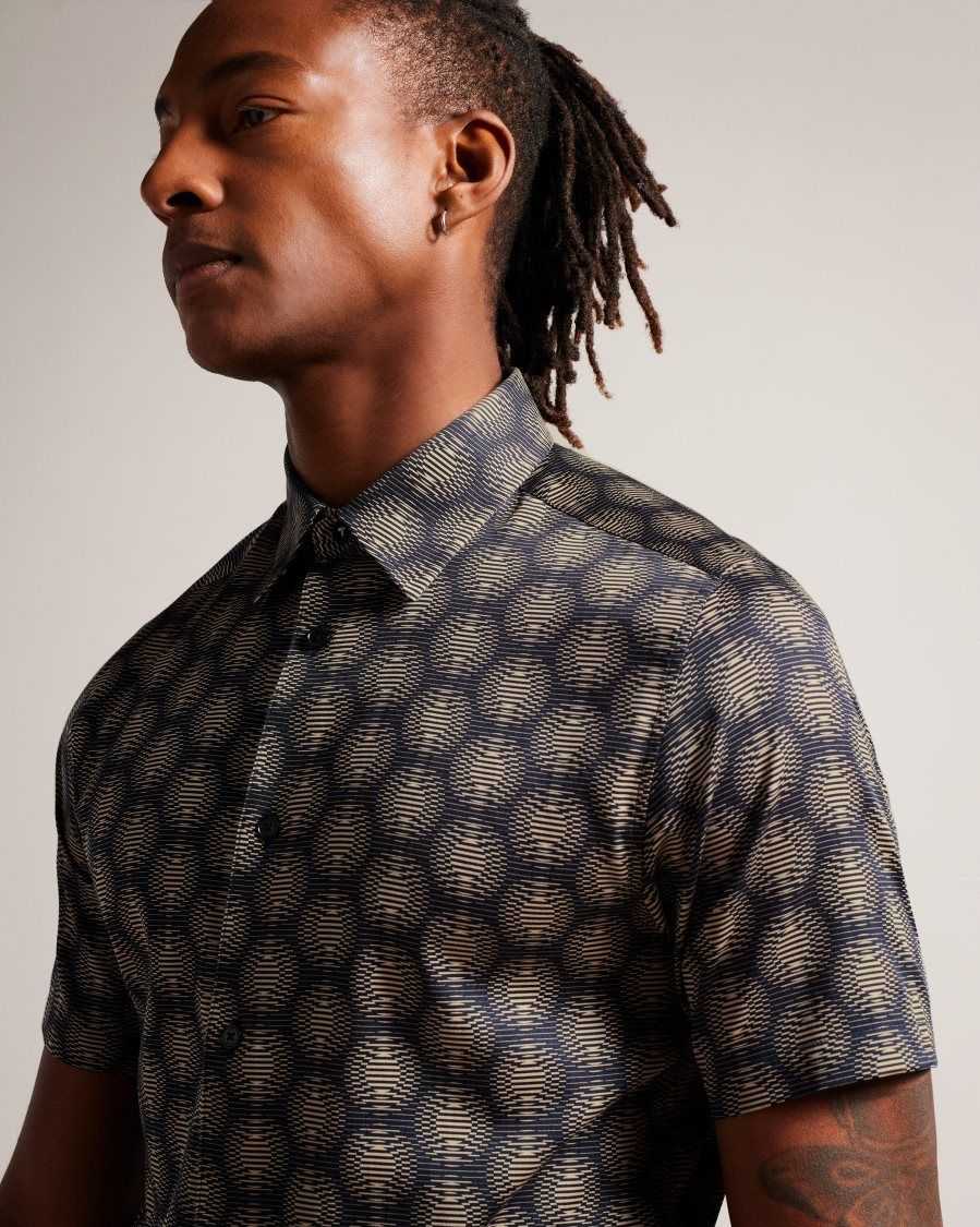 Ted Baker Pearsho Short Sleeve Circle Geometric Shirt Navy | 5263184-GK