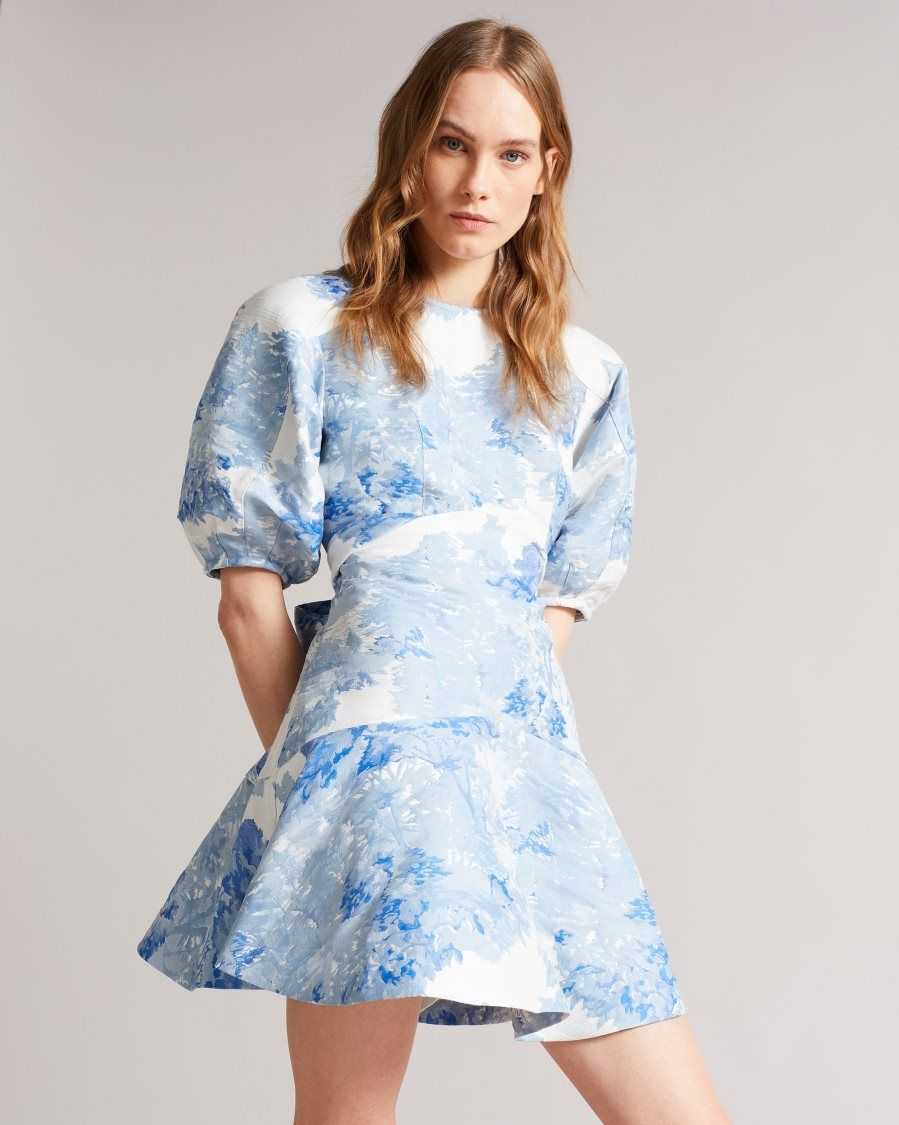 Ted Baker Phelina Puff Sleeve Jacquard Mini Dress White | 2193874-NZ