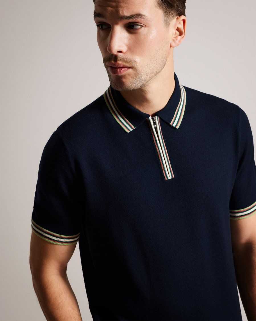 Ted Baker Pierrot Short Sleeve Stripe Trim Polo Shirt Navy | 0765493-QJ