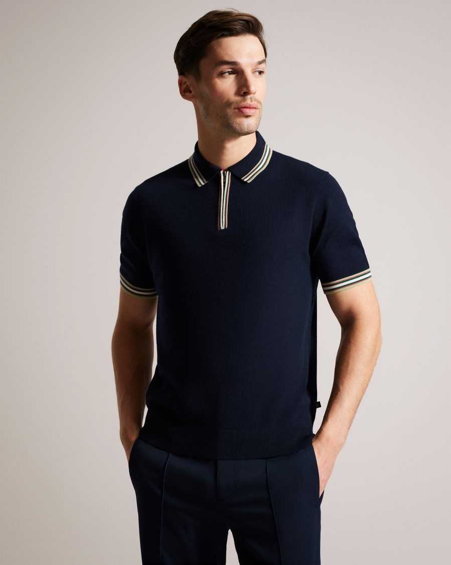 Ted Baker Pierrot Short Sleeve Stripe Trim Polo Shirt Navy | 0765493-QJ