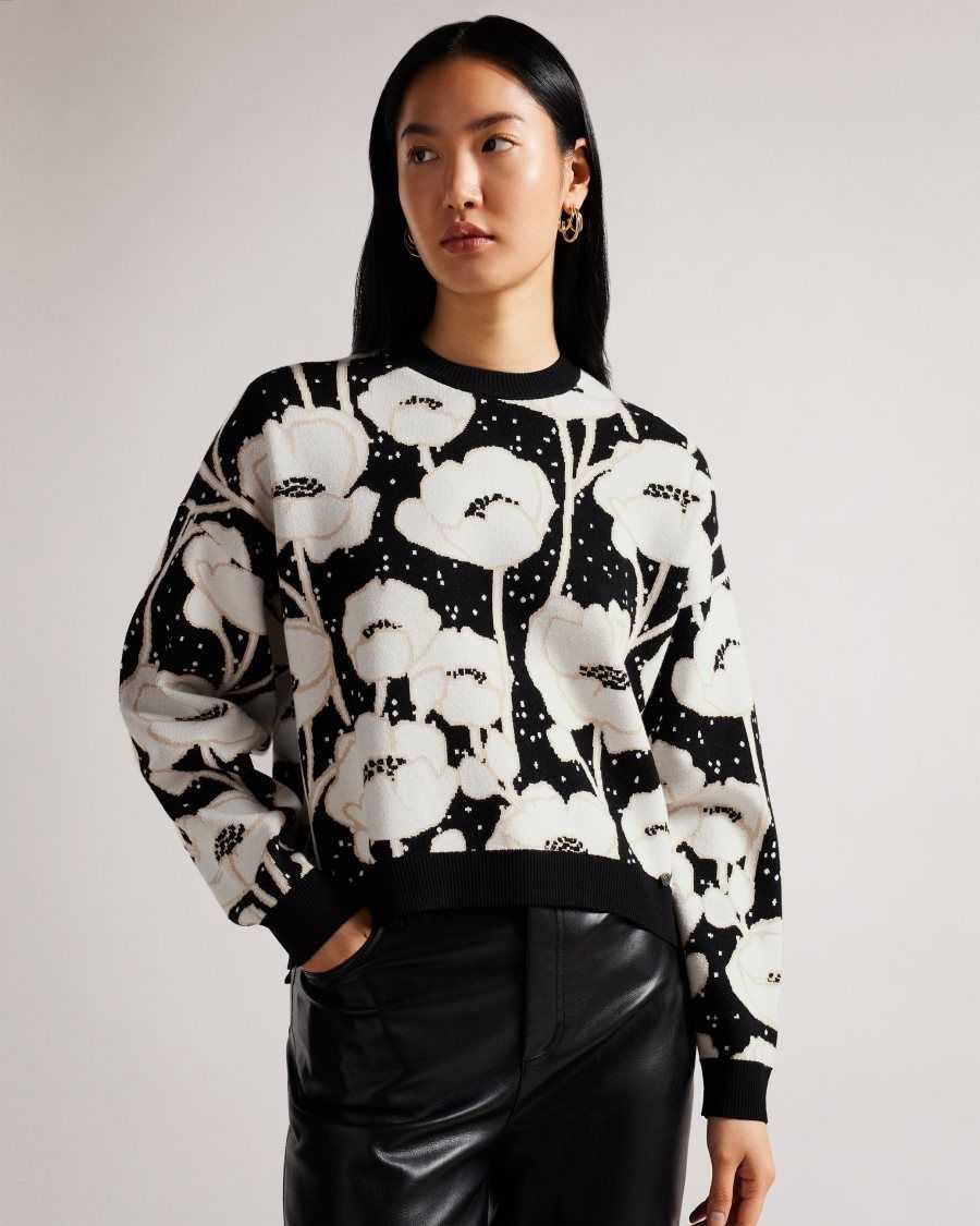 Ted Baker Pipha Cropped Jacquard Knitted Jumper Black | 9456708-AT