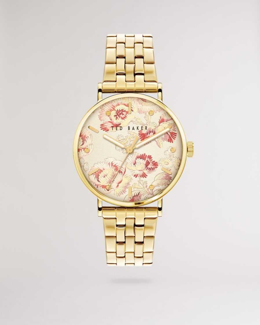 Ted Baker Pippp Vintage Floral Printed Dial Watch Gold Colour | 3129680-RB