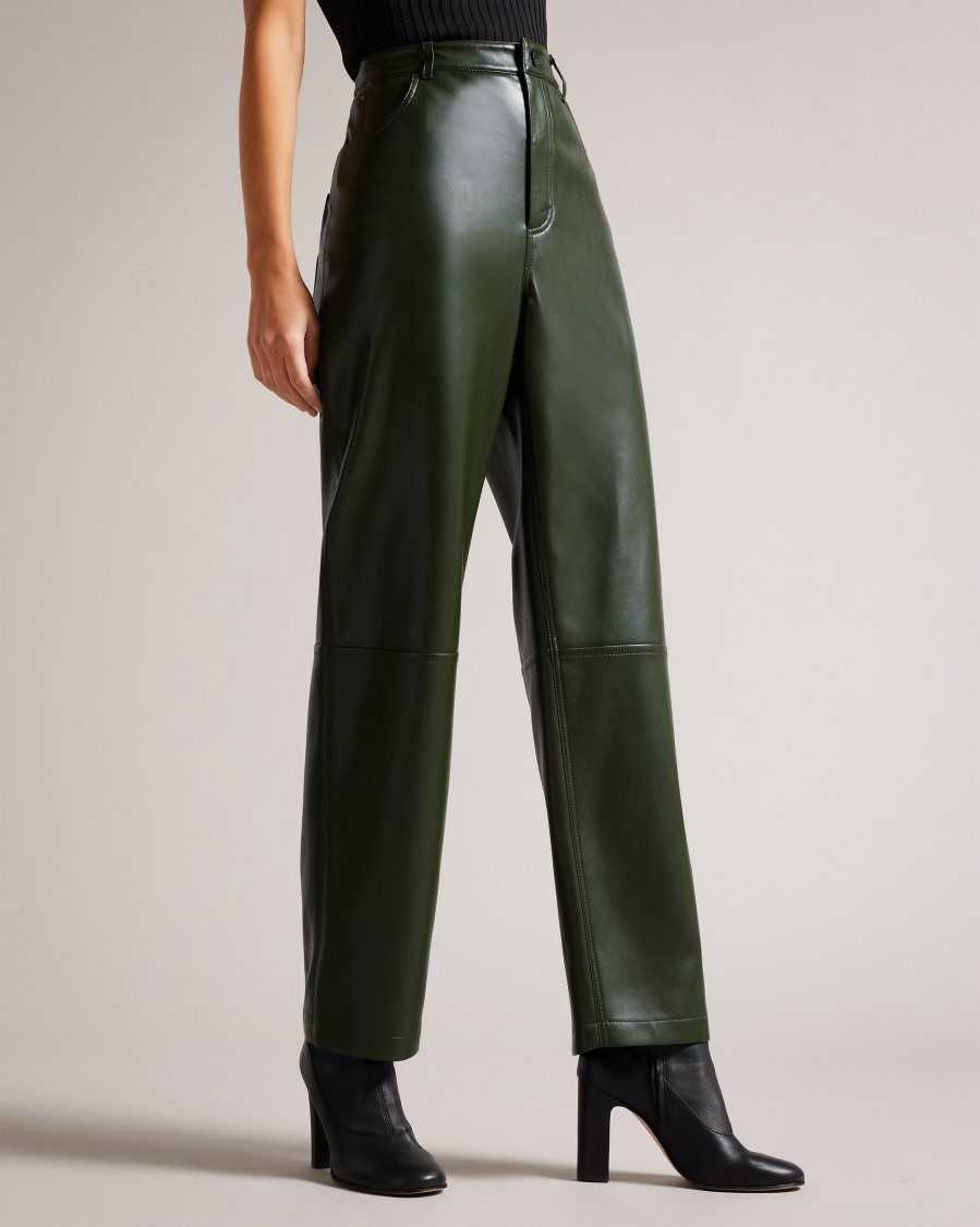 Ted Baker Plaider Straight Leg Faux Leather Trousers Khaki | 7184396-ED