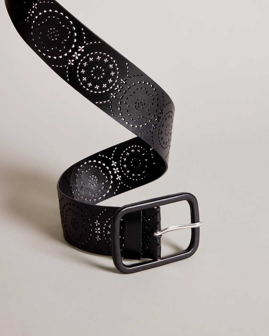 Ted Baker Prelt Laser Cut Wide Leather Belt Black | 2641093-BO