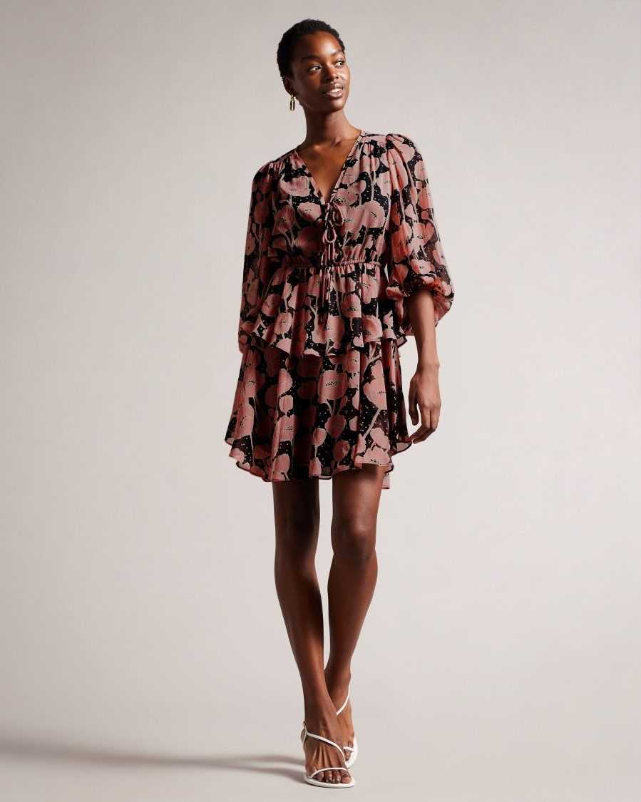 Ted Baker Priana Poppy Print Tie Front Mini Dress Black | 2938760-CR