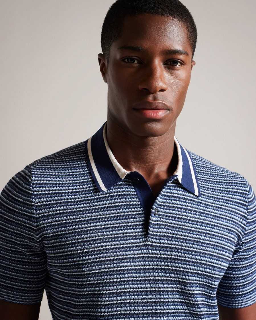 Ted Baker Radwint Short Sleeve Textured Striped Polo Shirt Dark Blue | 6034289-XV